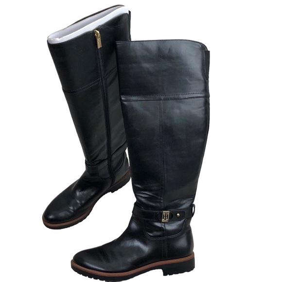 Tommy Hilfiger TWFELVIA Tall Boots Wo's 7.5 Black Buckle Fashion Riding Preppy - Picture 1 of 11